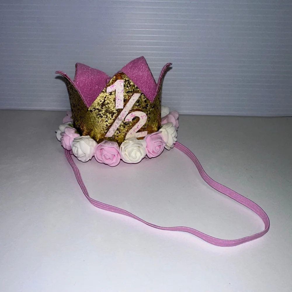 Baby Girl Pink Gold 1/2 Birthday Party Hat One Size Crown